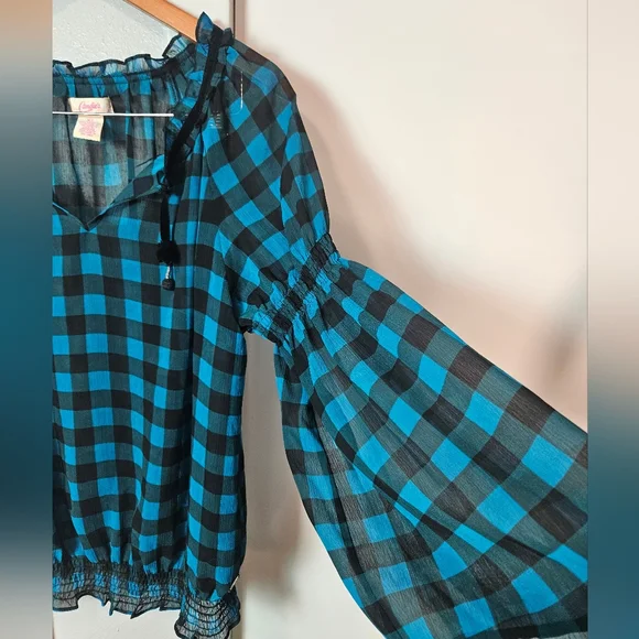 Candie's XL Blue & Black Plaid Sheer Blouse Bell Sleeve Velvet Tie Boho Top - Picture 4 of 9